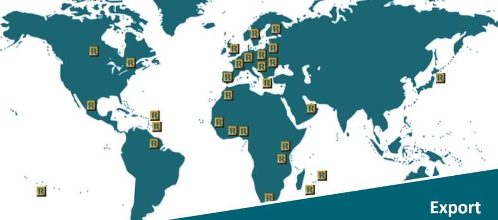 Carte des pays Export travaillés par Rolland